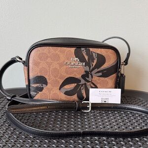 Coach Mini Camera Crossbody Signature Brown logo w Black Bow